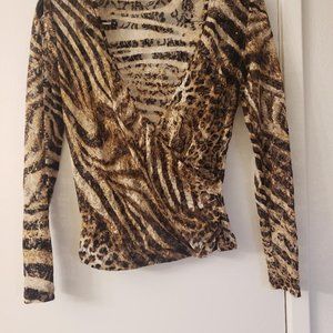 ST JOHN Gold Embellished Mesh Animal Print Wrap Front Long Sleeve Top Size Small